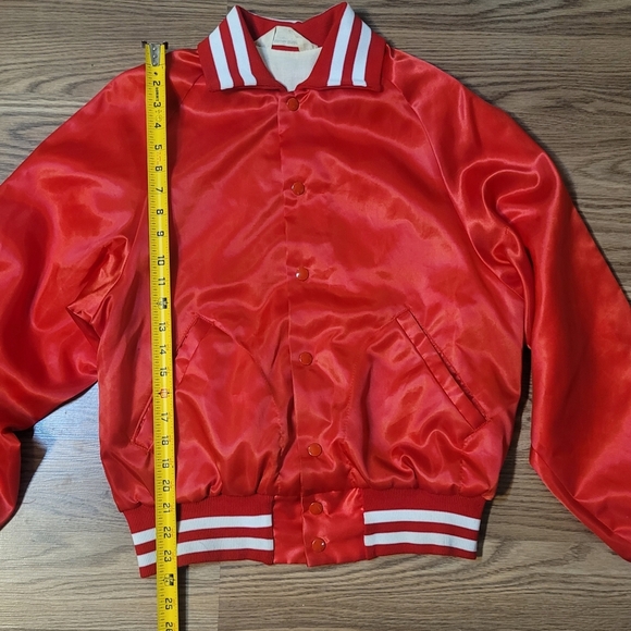 Bright Red Satin Varsity Jacket with Sporty Number Design - Picture 11 of 12